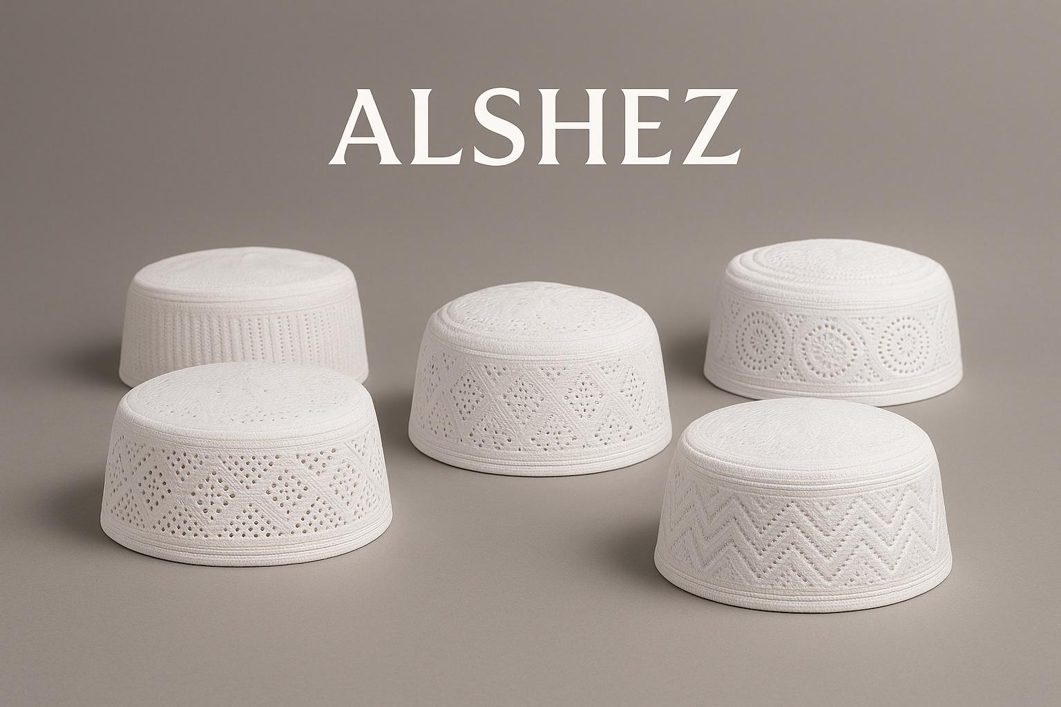 ISLAMIC CAPS WITH GREY BACK GROUND AND ALSO WITH THE BRAND NAME OF ALSHEZ